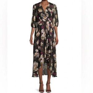 Calvin Klein Black Floral High Low Faux Wrap Dress